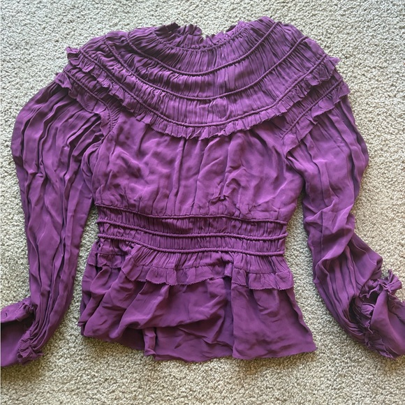 FARM Rio Ruffled Sheer High-Neck Blouse - Deep Plum - Picture 7 of 7
